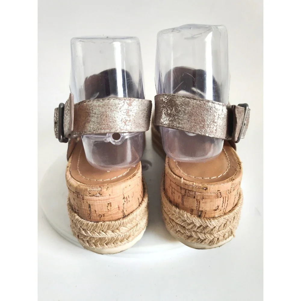 Trask Sandals 7.5 Espadrille Platform Metallic Silver Leather Strappy Boho Wedge